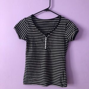 V neck, black striped tee